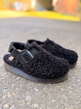 Dr. Martens Black Fuzzy Slingback Clogs